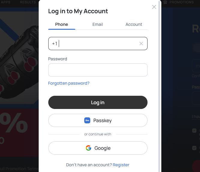 Log in to your Battery Bet account using phone number, email, or Google