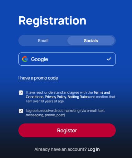 Complete registration via Google account and enter a promo code to get extra bonuses