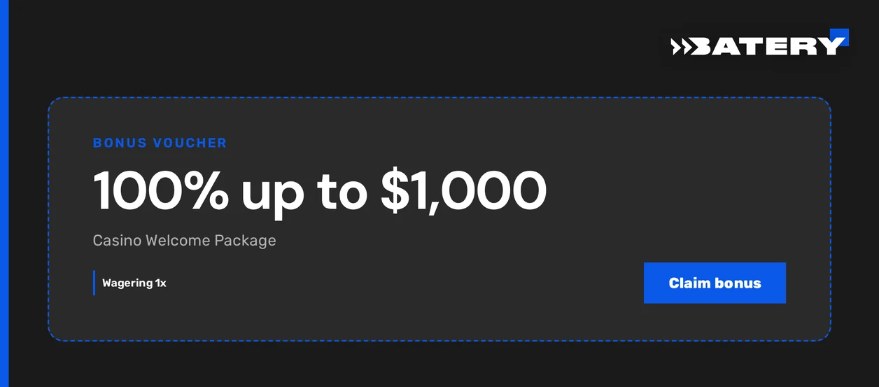 Battery Casino welcome package bonus voucher